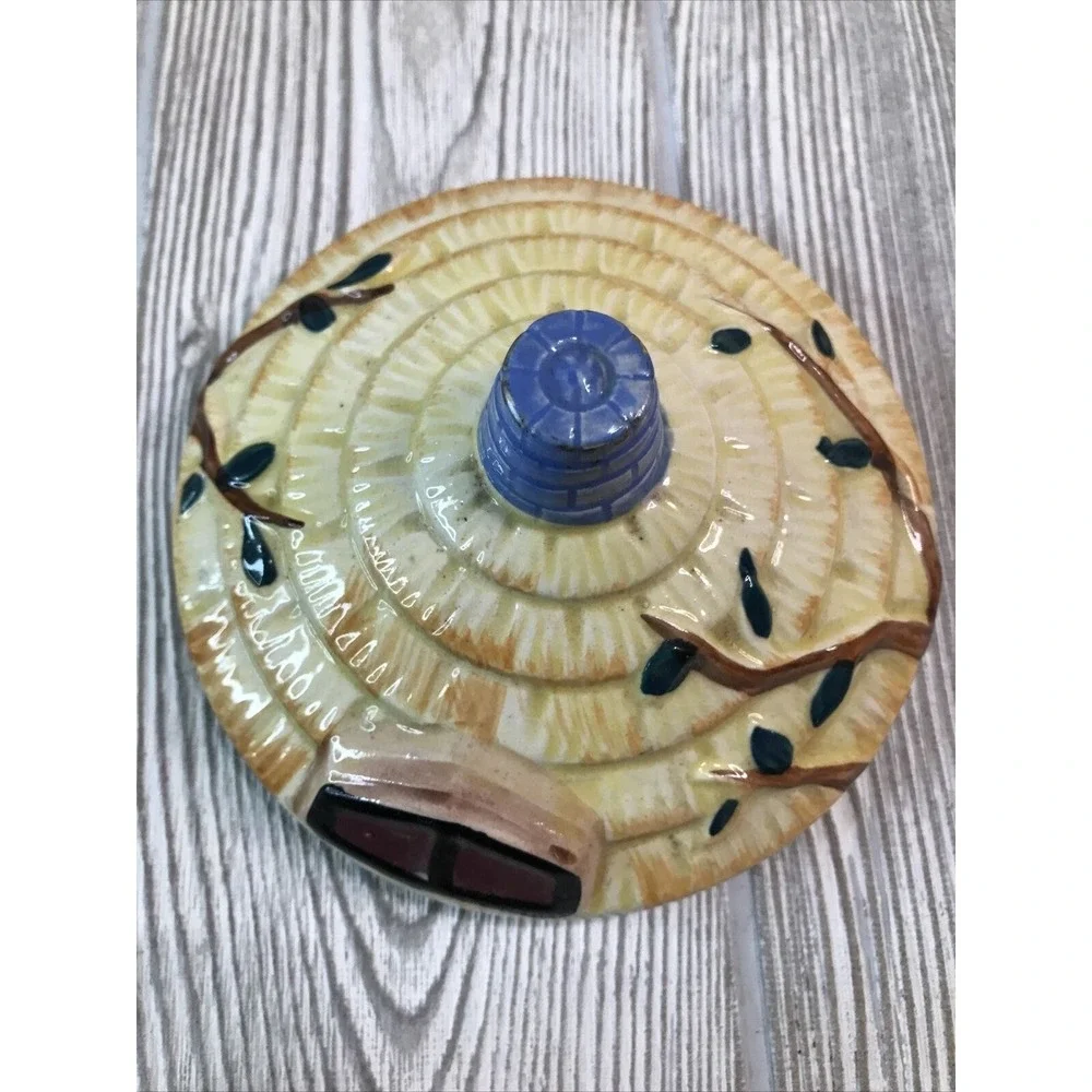 VTG Ceramic Cottage House Cookie Jar Biscuit Barrel Wicker Handle Hand Painted